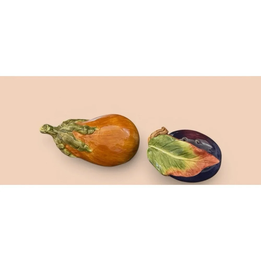 Fitz & Floyd Eggplant And Squash Salt Pepper Shaker Set Multicolor Vintage Leaf
